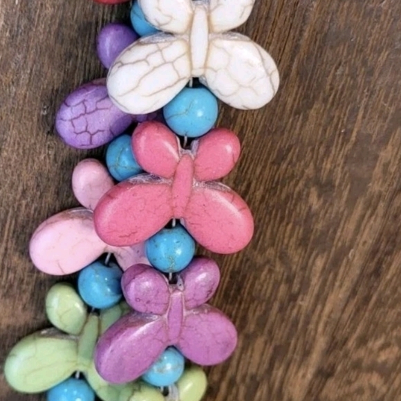 Double Strand Distressed Rainbow Butterfly Stone Beaded Necklace w/ Extender - Picture 5 of 12